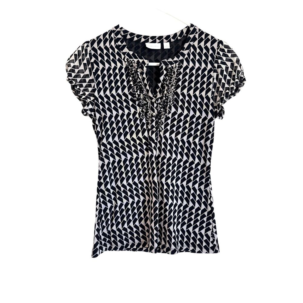 NY & Co Black Sheer Short Puff Sleeve Top Ruffles Buttons Medium Modern Chic